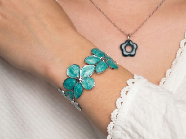 Jonc ajustable fleurs colorées en acier inoxydable argenté