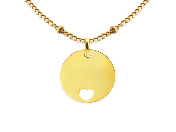 Collier maille boule alternée orné d'une médaille ronde avec cœur ajouré en acier inoxydable doré