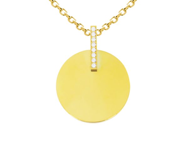 Collier chaîne maille forçat médaille ronde (20mm) baguette oxydes de zirconium à personnaliser en acier inoxydable doré