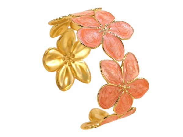 Jonc ajustable fleurs colorées en acier inoxydable doré