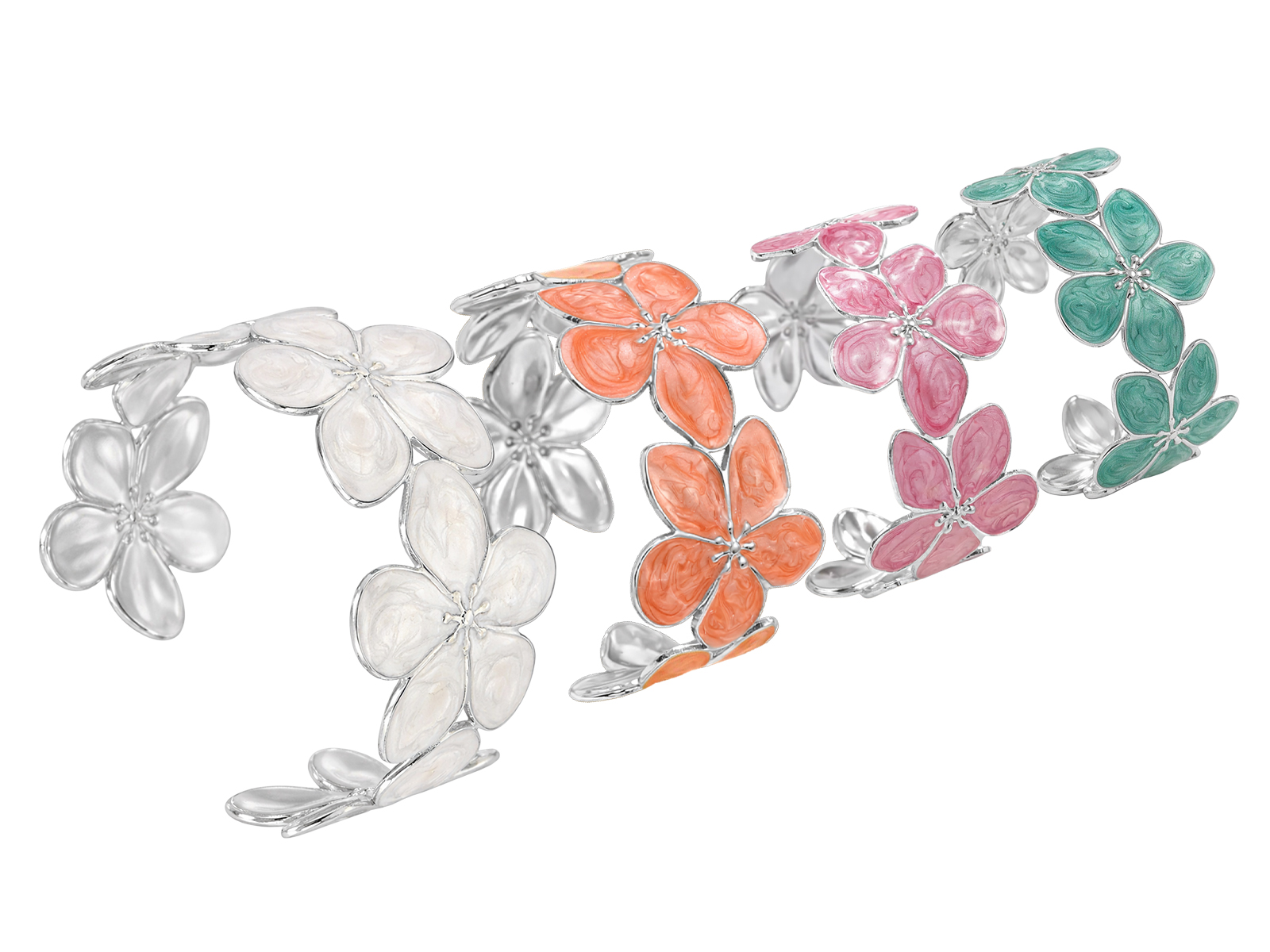 Jonc ajustable fleurs colorées en acier inoxydable argenté
