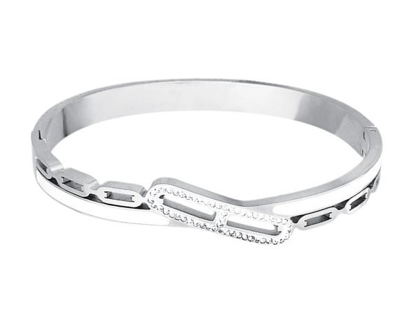 Jonc articulé maille marine rehaussé de cristaux fantaisie et émail blanc en acier inoxydable argenté