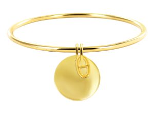 Jonc rigide avec médaille ronde à personnaliser et pampille maille marine en acier inoxydable doré