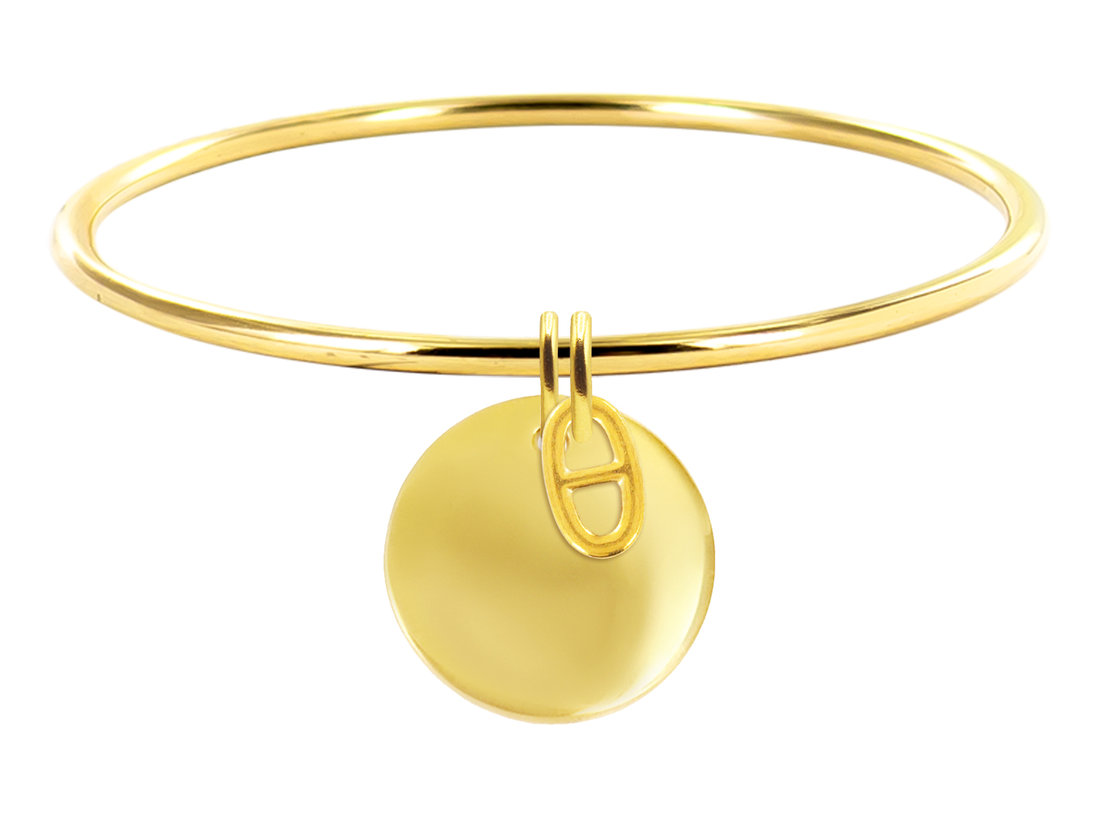 Jonc rigide avec médaille ronde à personnaliser et pampille maille marine en acier inoxydable doré
