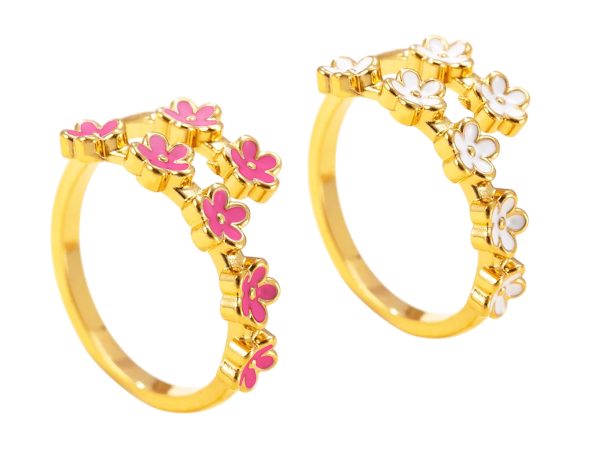 RINGAJ79-GOLD.jpg Bague ajustable fleurs de sakura colorées en acier inoxydable doré