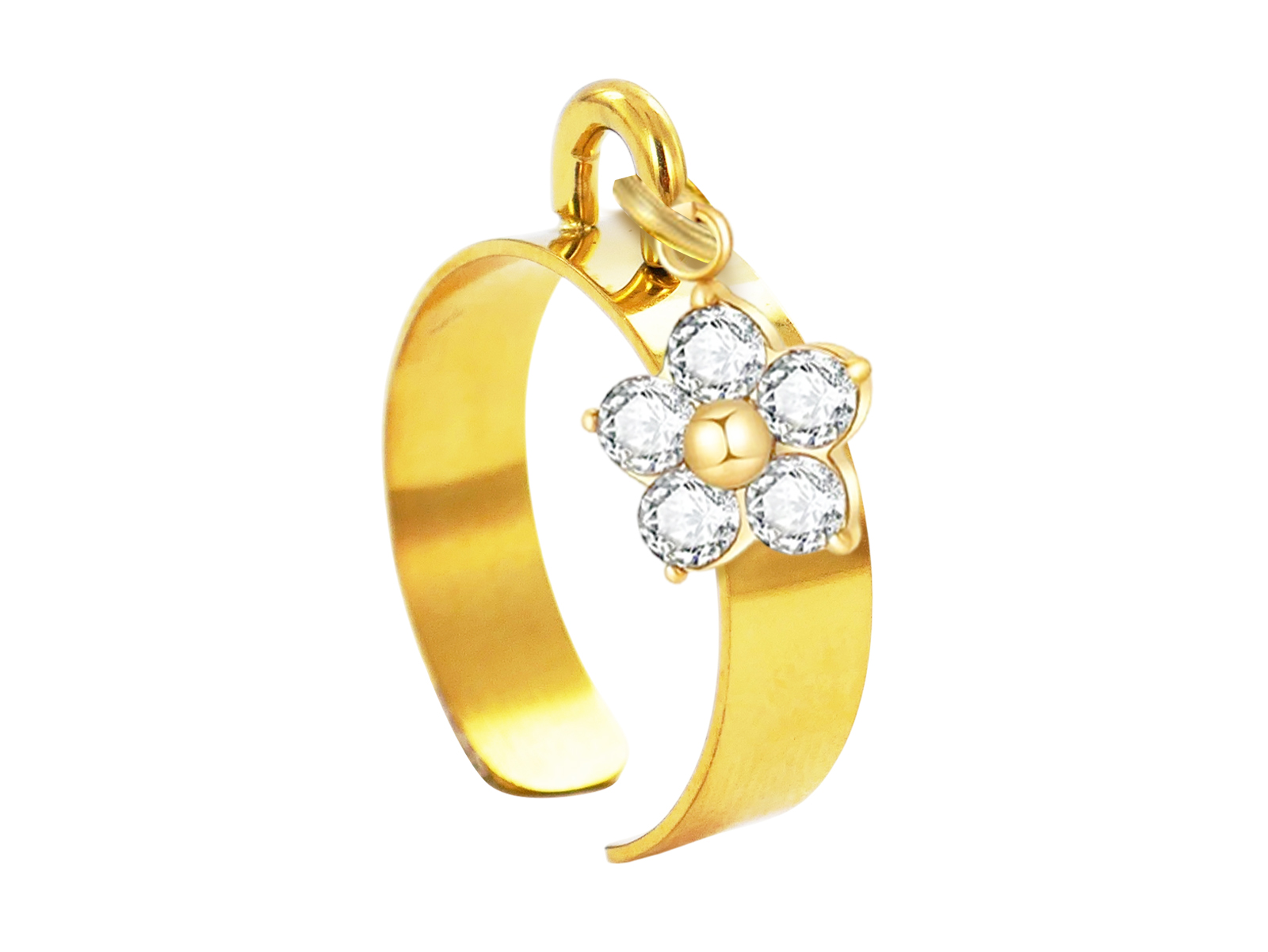 Bague ajustable fleur oxydes de zirconium blancs en acier inoxydable doré | Taille ajustable : Du 52 au 56