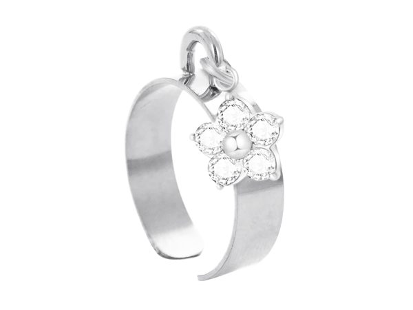 Bague ajustable fleur oxydes de zirconium blancs en acier inoxydable argenté | Taille ajustable : Du 52 au 56