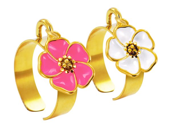 Bague ajustable fleur de sakura en acier inoxydable doré | Taille ajustable : Du 52 au 56