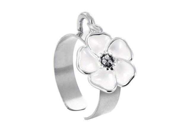 Bague ajustable fleur de sakura en acier inoxydable argenté | Taille ajustable : Du 52 au 56