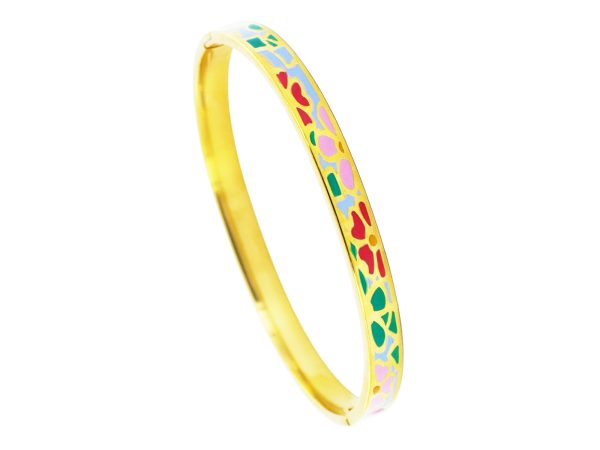 Jonc rigide articulé motifs émaillés en acier inoxydable doré
