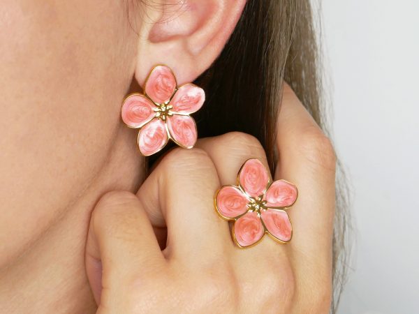 Bague ajustable fleur colorée en acier inoxydable doré