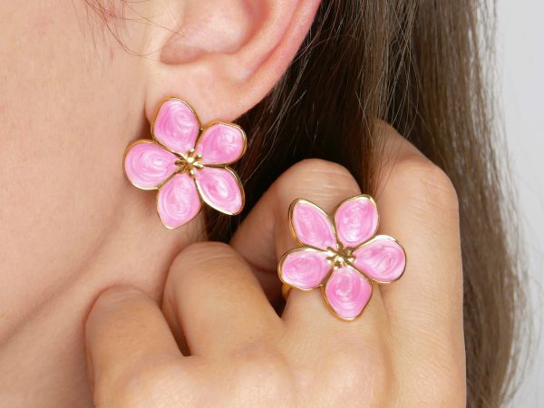 Bague ajustable fleur colorée en acier inoxydable argenté