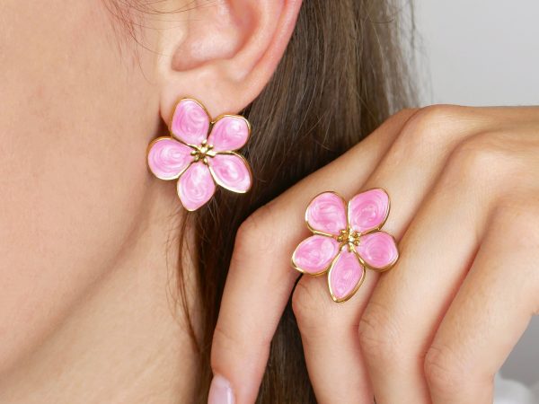 Bague ajustable fleur colorée en acier inoxydable argenté