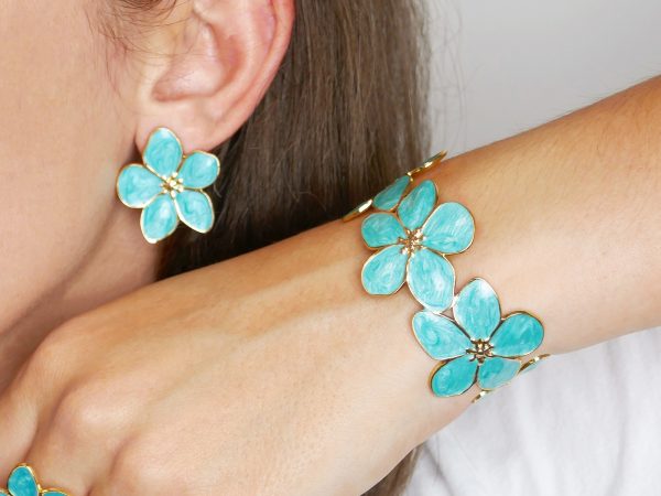 Jonc ajustable fleurs colorées en acier inoxydable doré
