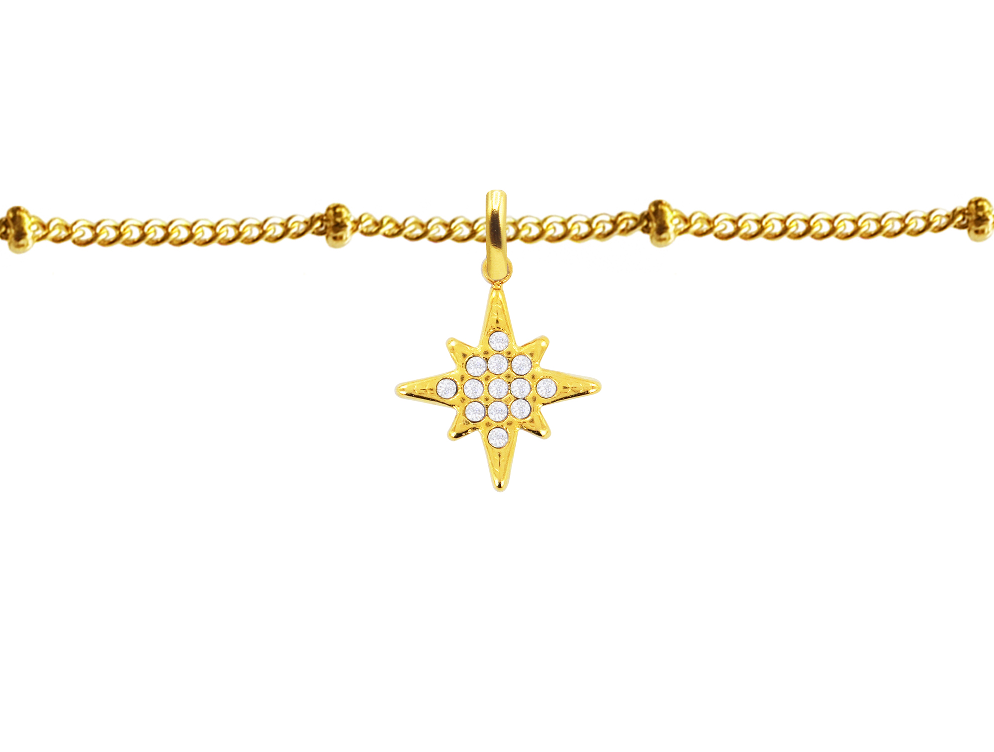 Bracelet maille boule alternée étoile polaire oxydes de zirconium blancs en acier inoxydable doré