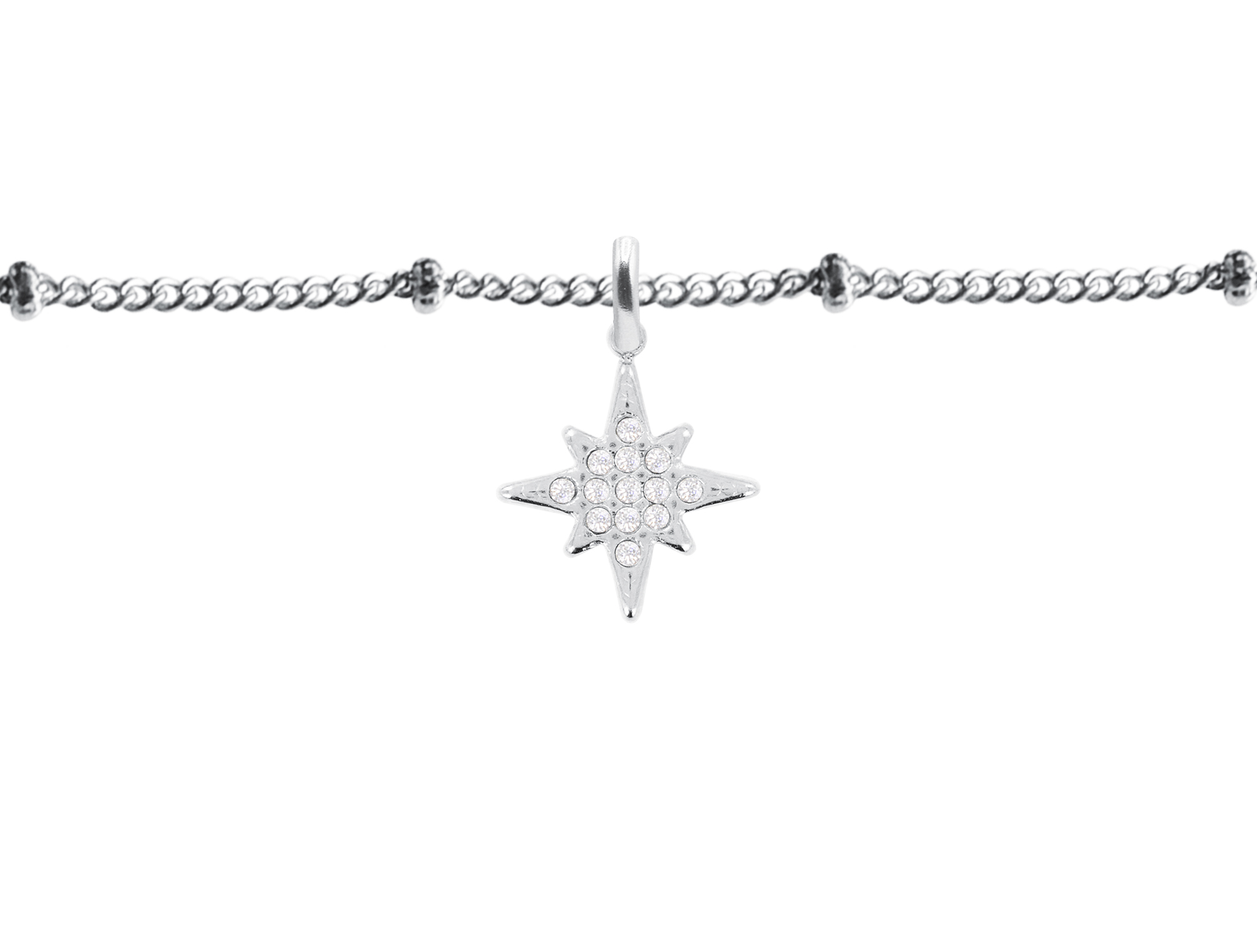 Bracelet maille boule alternée étoile polaire oxydes de zirconium blancs en acier inoxydable argenté