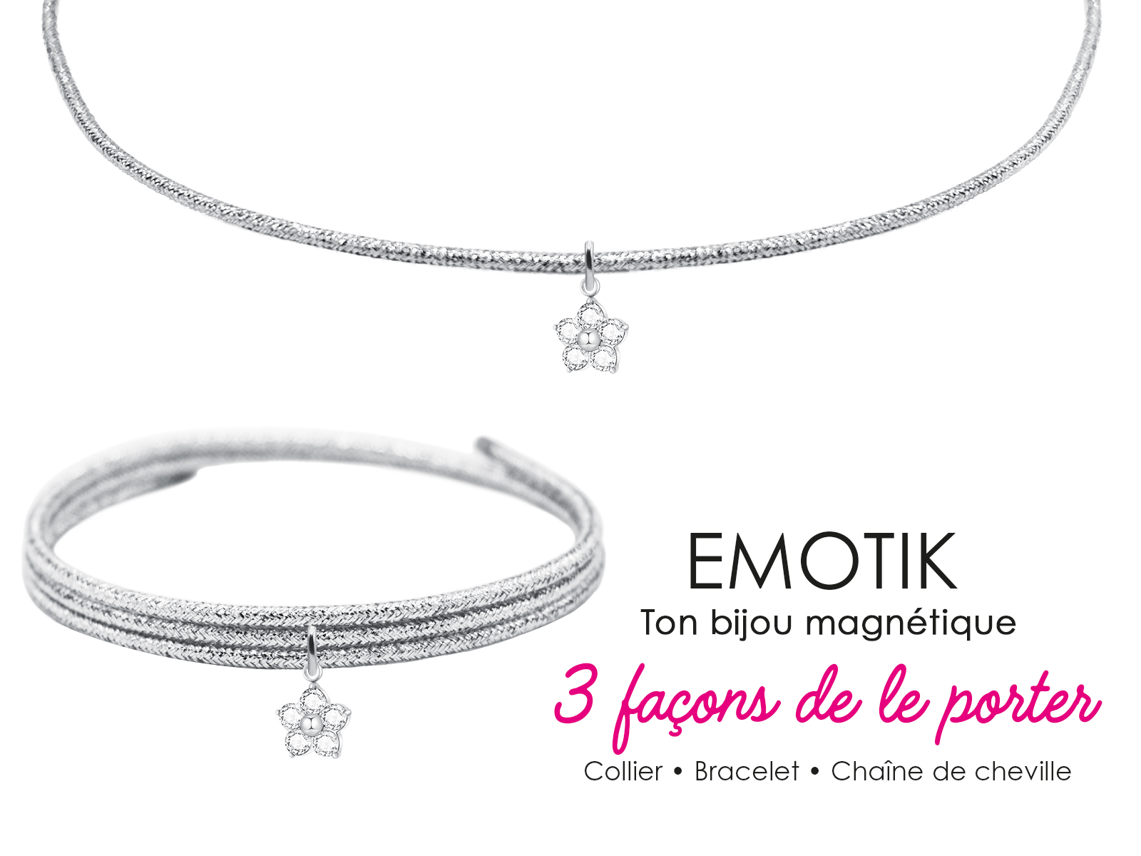 Bijou magnétique 3 en 1 fleur oxydes de zirconium blancs en acier inoxydable argenté