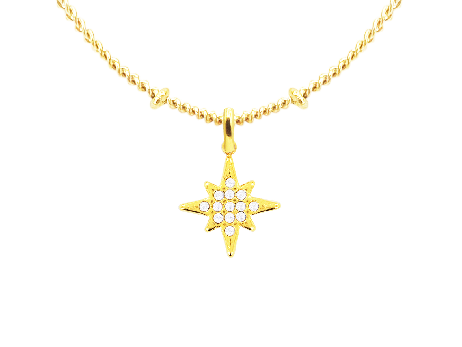 Collier maille boule alternée étoile polaire oxydes de zirconium blancs en acier inoxydable doré