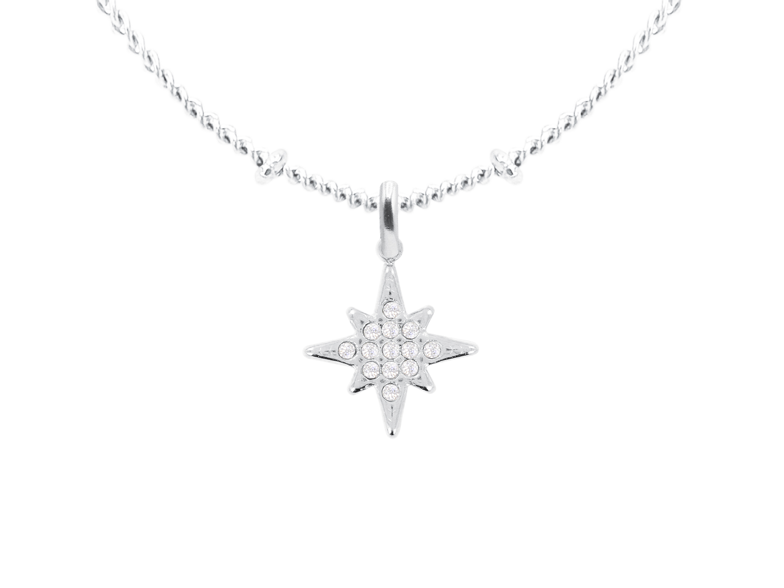 Collier maille boule alternée étoile polaire oxydes de zirconium blancs en acier inoxydable argenté