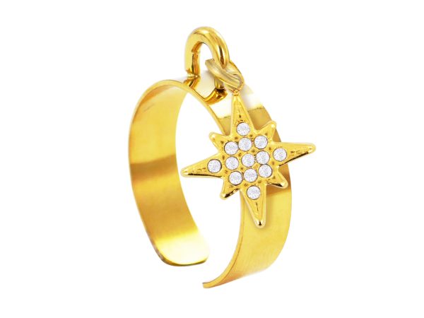 RINGAJPOLSTROZ-GOLD.jpg Bague ajustable étoile polaire oxydes de zirconium blancs en acier inoxydable doré | Taille universelle