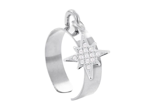 RINGAJPOLSTROZ-RH.jpg Bague ajustable étoile polaire oxydes de zirconium blancs en acier inoxydable argenté | Taille universelle