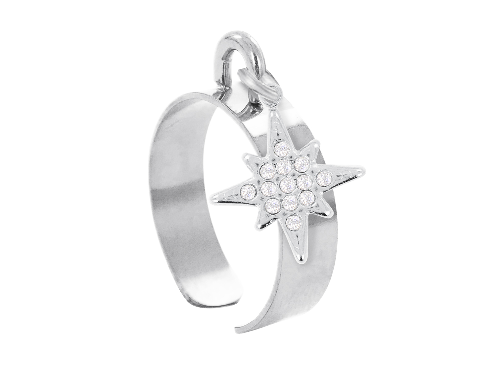 Bague ajustable étoile polaire oxydes de zirconium blancs en acier inoxydable argenté | Taille universelle